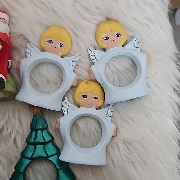 Vintage 1970s Ceramic Christmas Napkin Tree Angel Santa Set of 8 - Picture 2 of 8